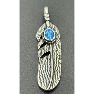New Condition Sterling Silver Lab Blue Opal Feather Pendant 925 Free Shipping
